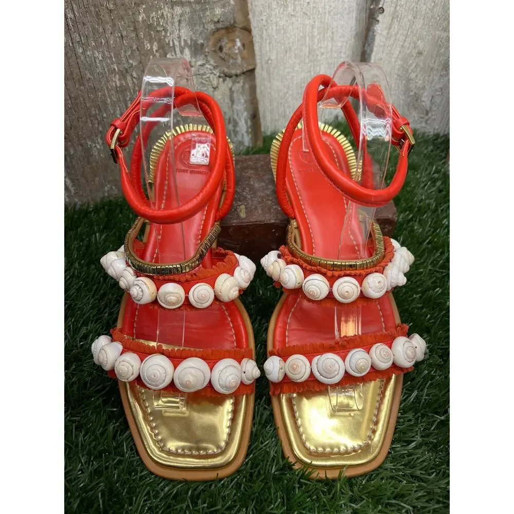 Tory Burch Sinclair Seashell Ankle-Wrap Sandal Coral Orange Red Women's 9.5M
